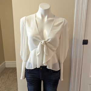 Whisper cream long sleeve low cut top with tie size S